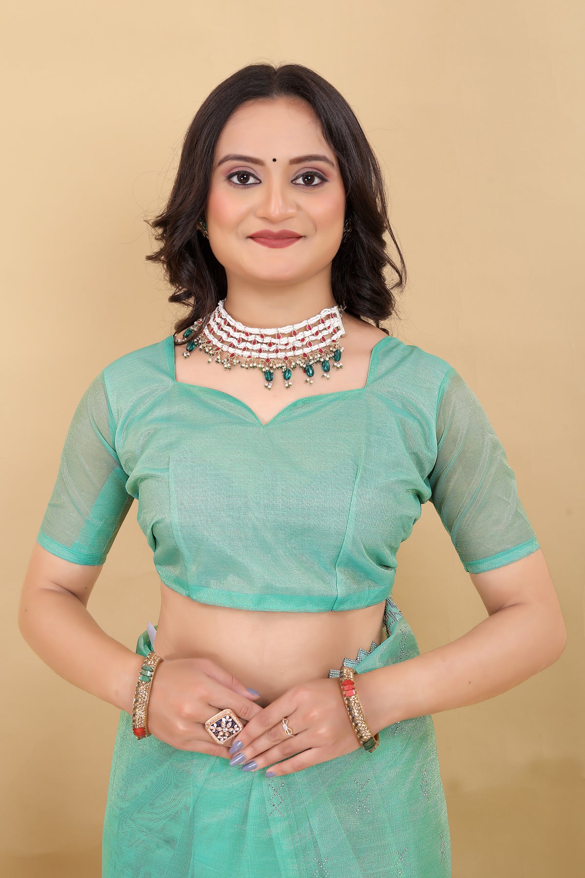 Elegant Mint Green Organza Saree with Subtle Detailing
