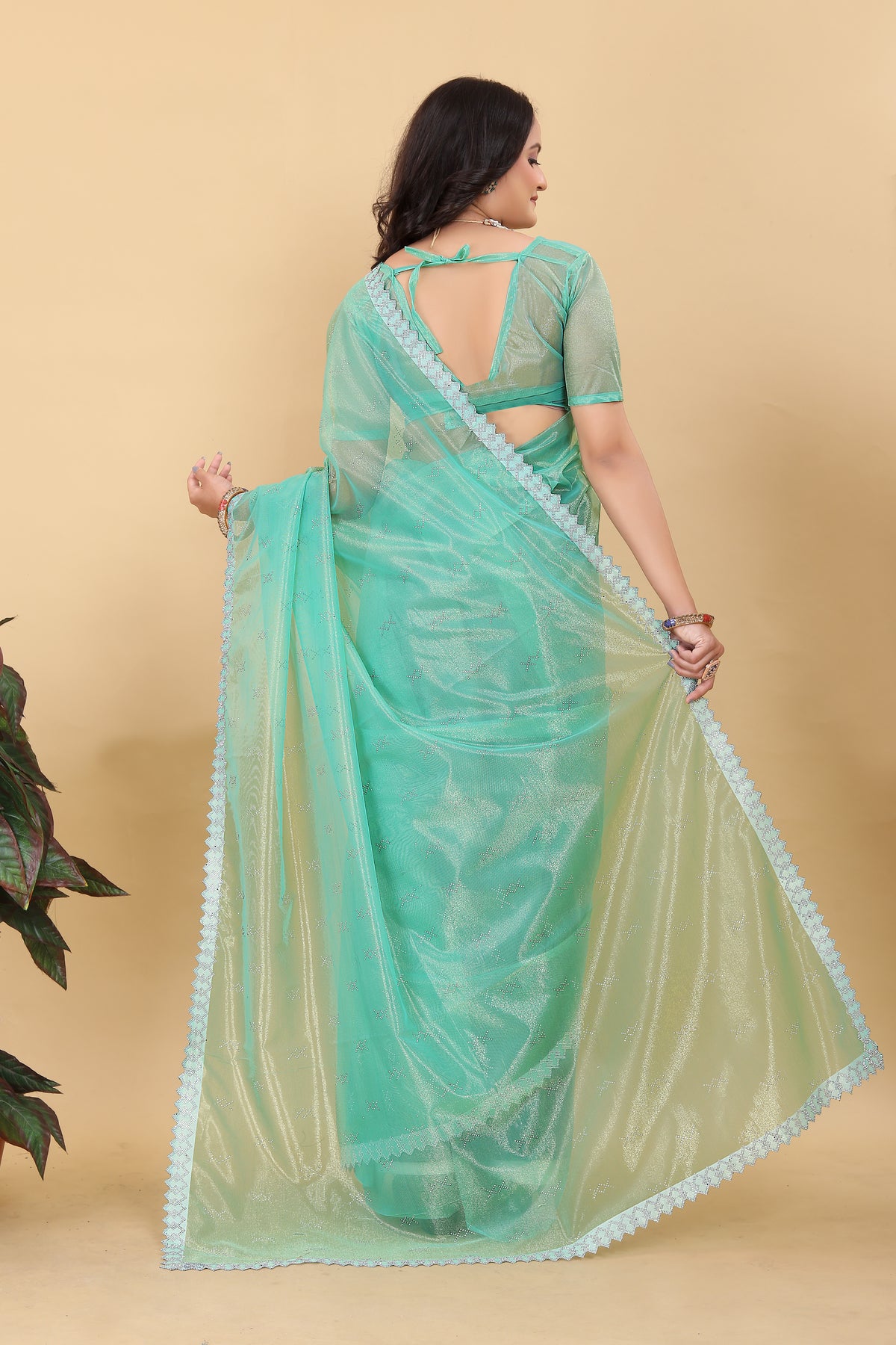 Elegant Mint Green Organza Saree with Subtle Detailing