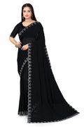 Stunning Black Georgette Saree with Sparkling Silver Hotfix Diamonds Border
