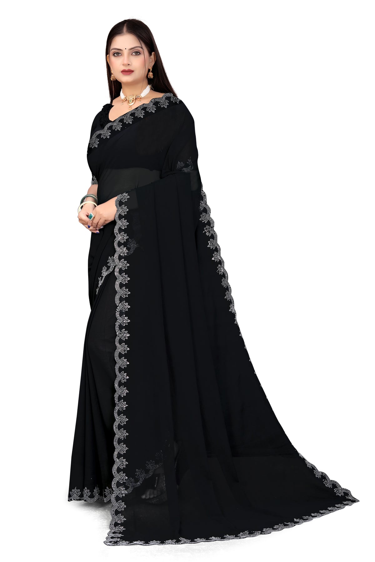 Stunning Black Georgette Saree with Sparkling Silver Hotfix Diamonds Border