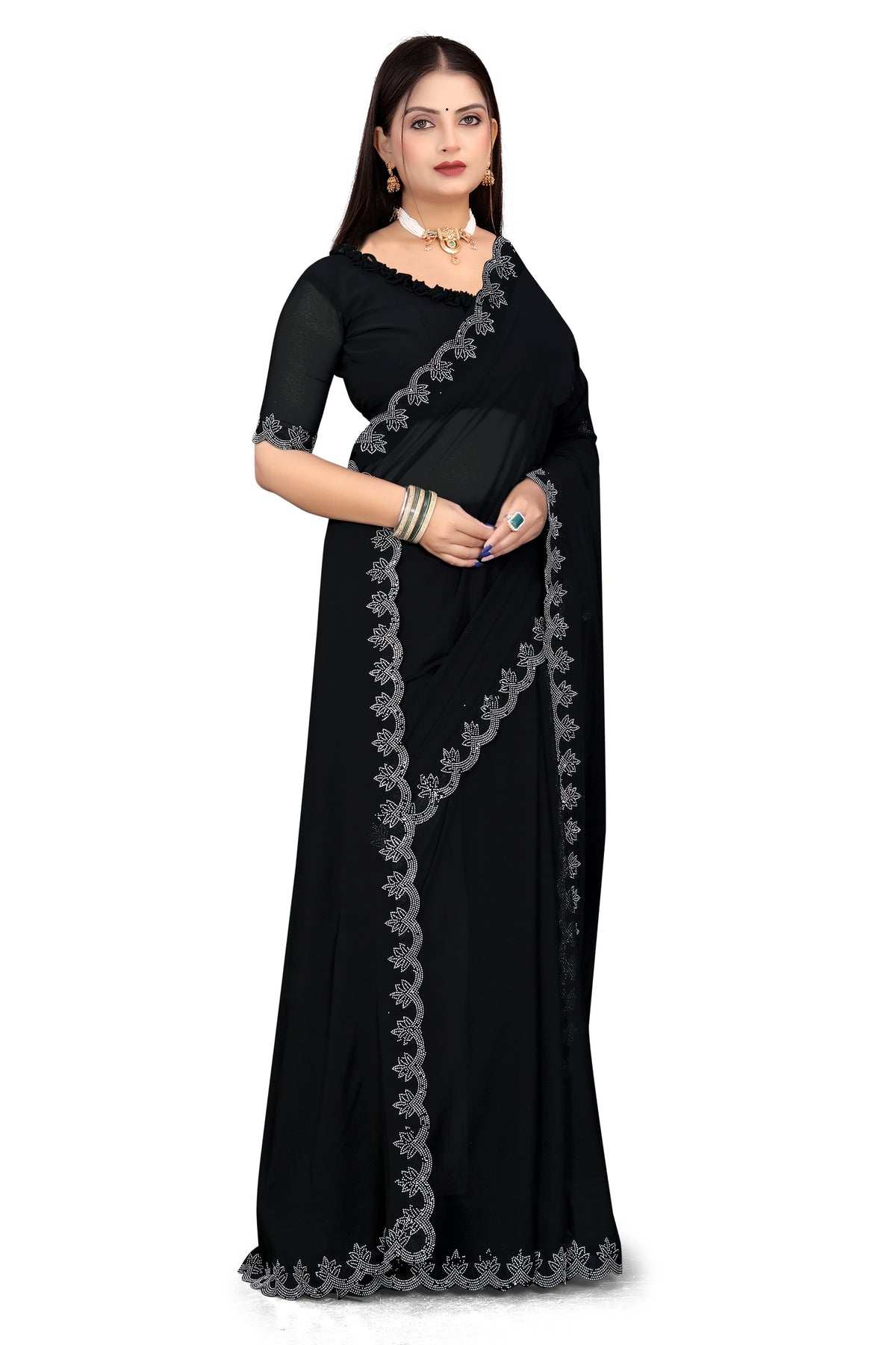 Stunning Black Georgette Saree with Sparkling Silver Hotfix Diamonds Border