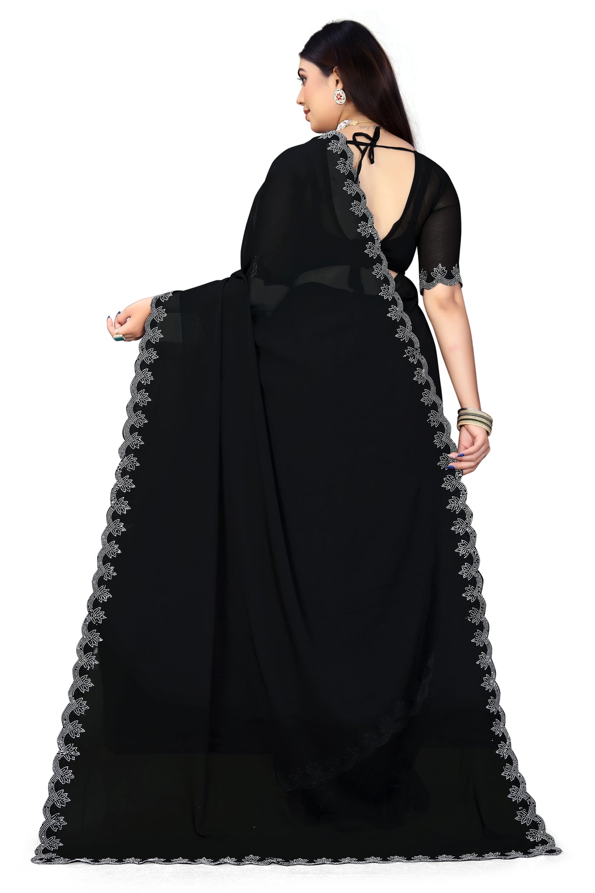 Stunning Black Georgette Saree with Sparkling Silver Hotfix Diamonds Border
