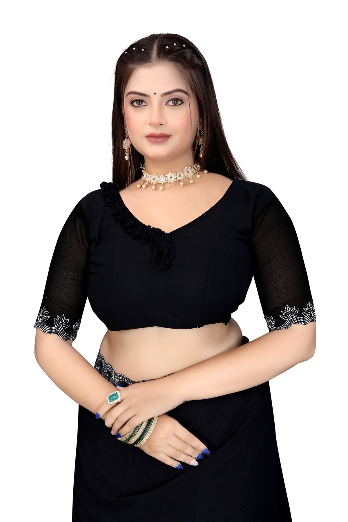 Stunning Black Georgette Saree with Sparkling Silver Hotfix Diamonds Border
