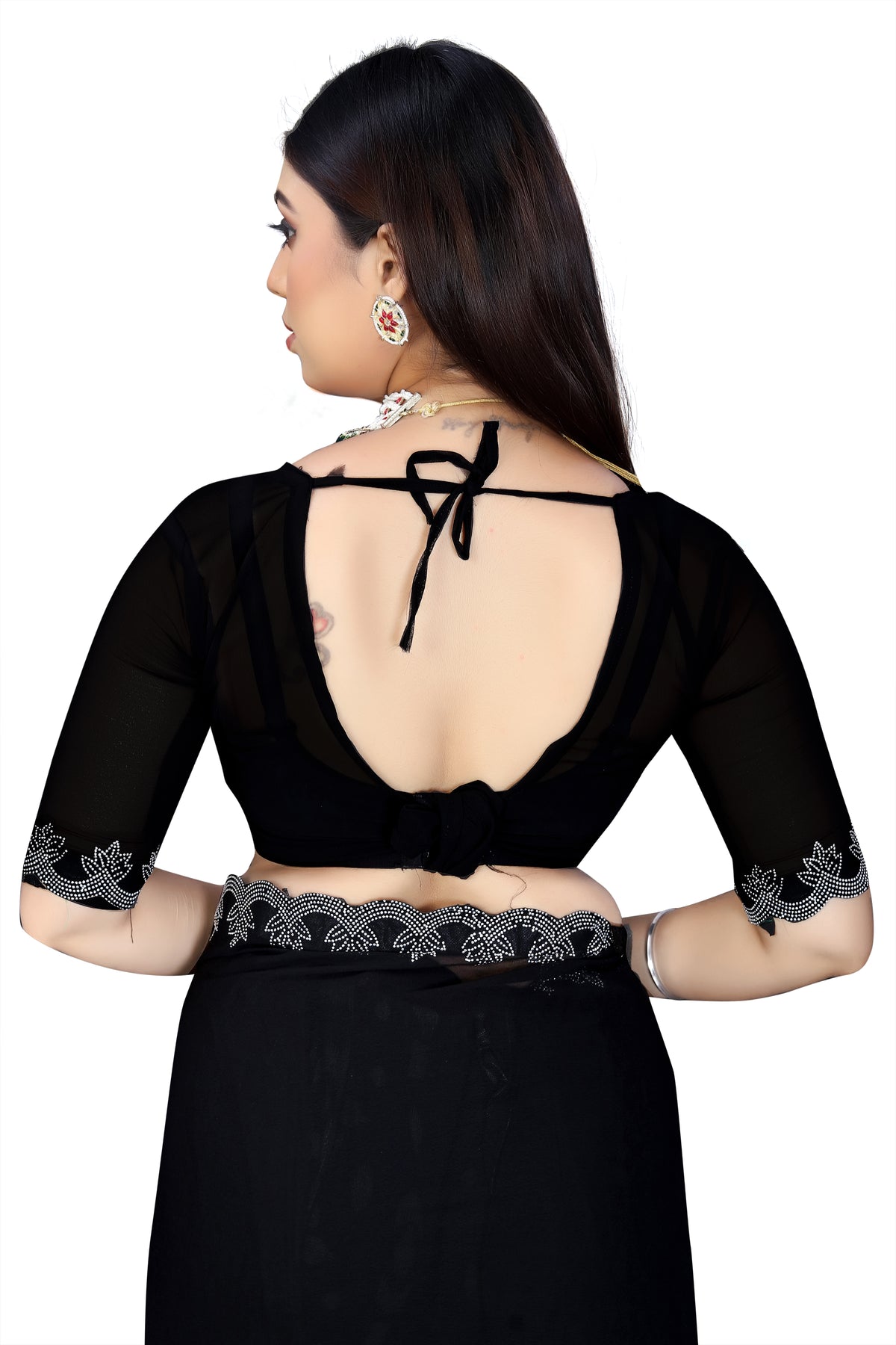 Stunning Black Georgette Saree with Sparkling Silver Hotfix Diamonds Border
