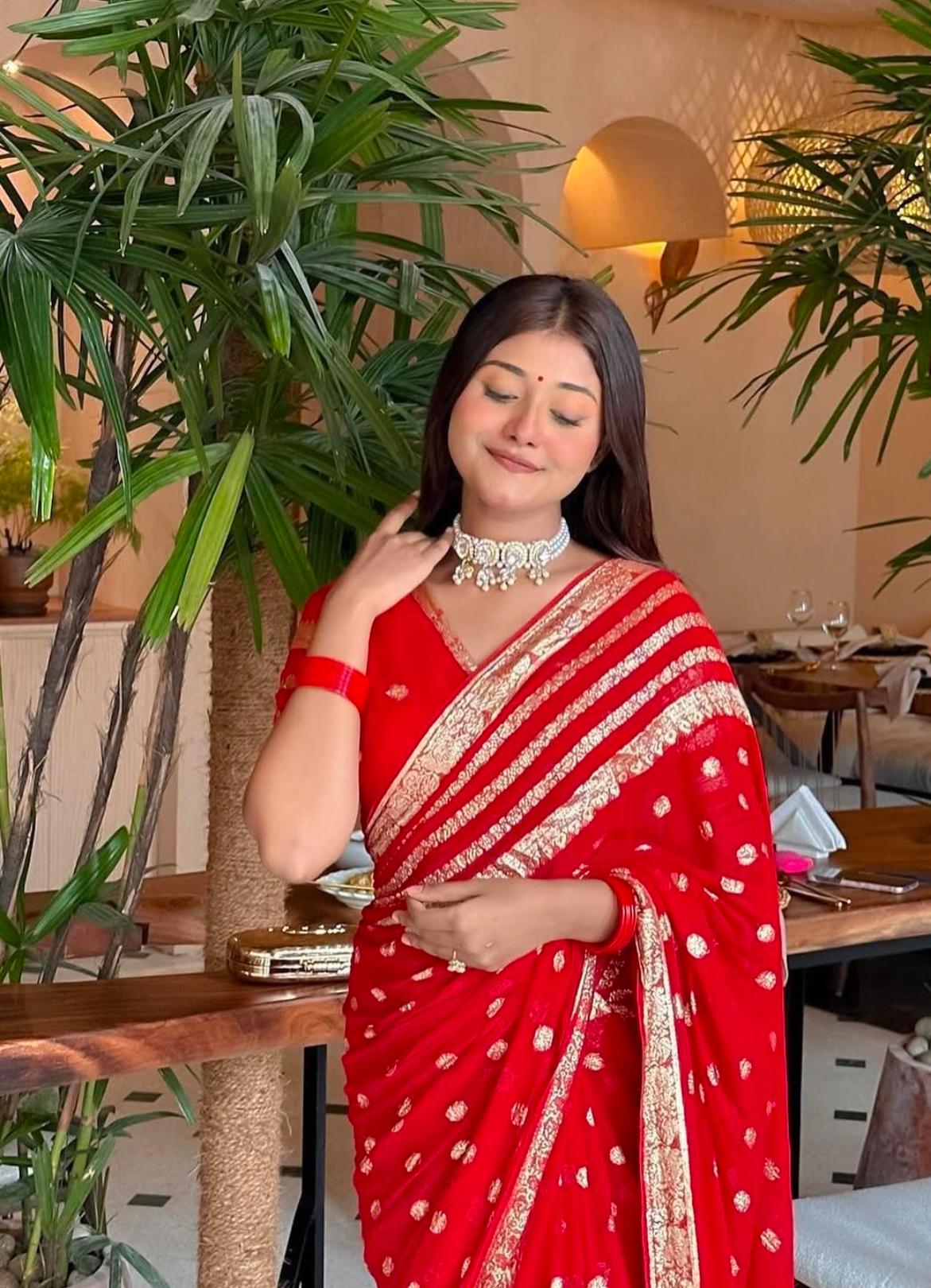 Traditional Red Georgette Saree with Golden Embroidery