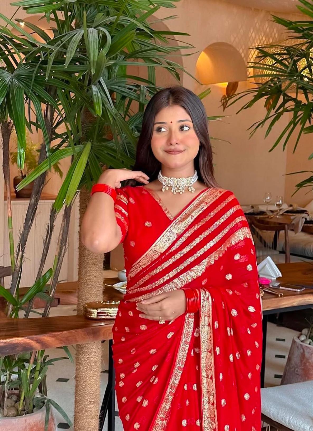 Traditional Red Georgette Saree with Golden Embroidery