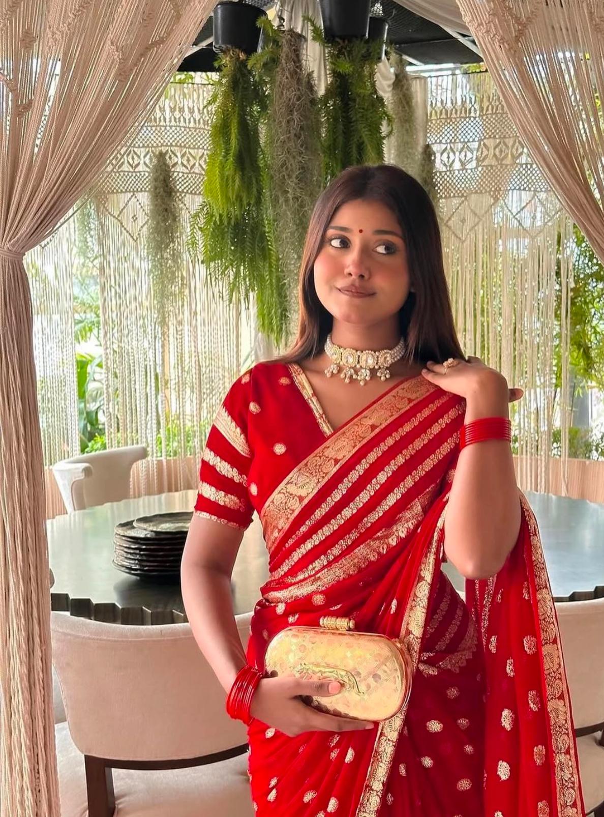 Traditional Red Georgette Saree with Golden Embroidery
