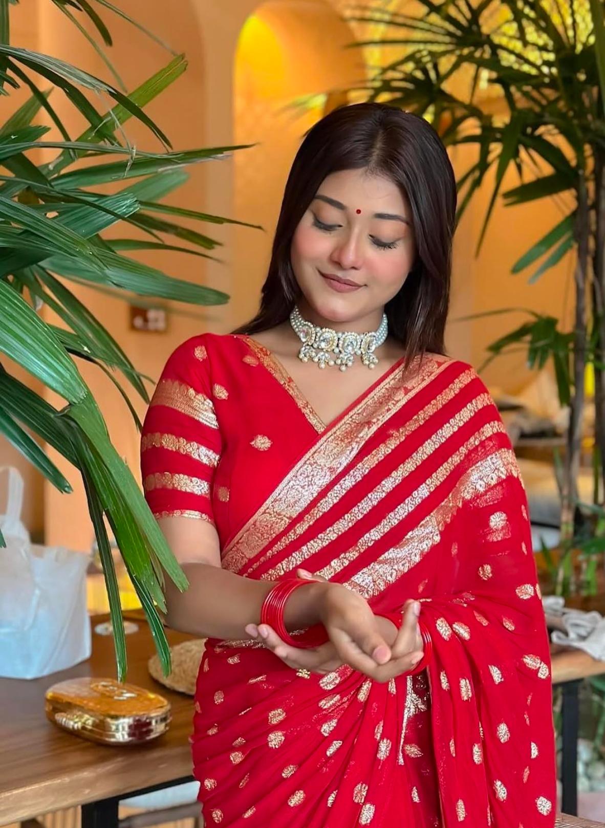 Traditional Red Georgette Saree with Golden Embroidery