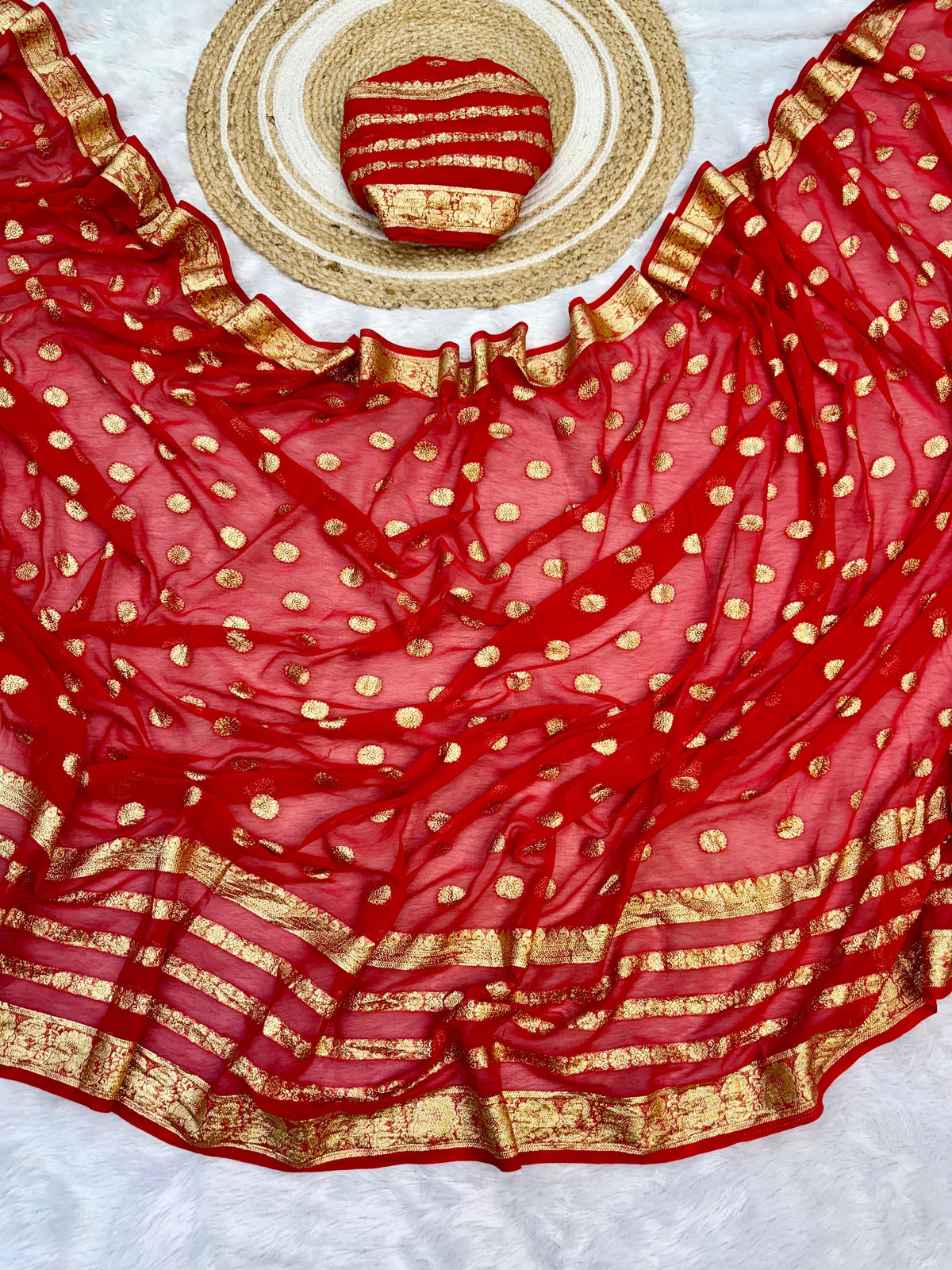 Traditional Red Georgette Saree with Golden Embroidery