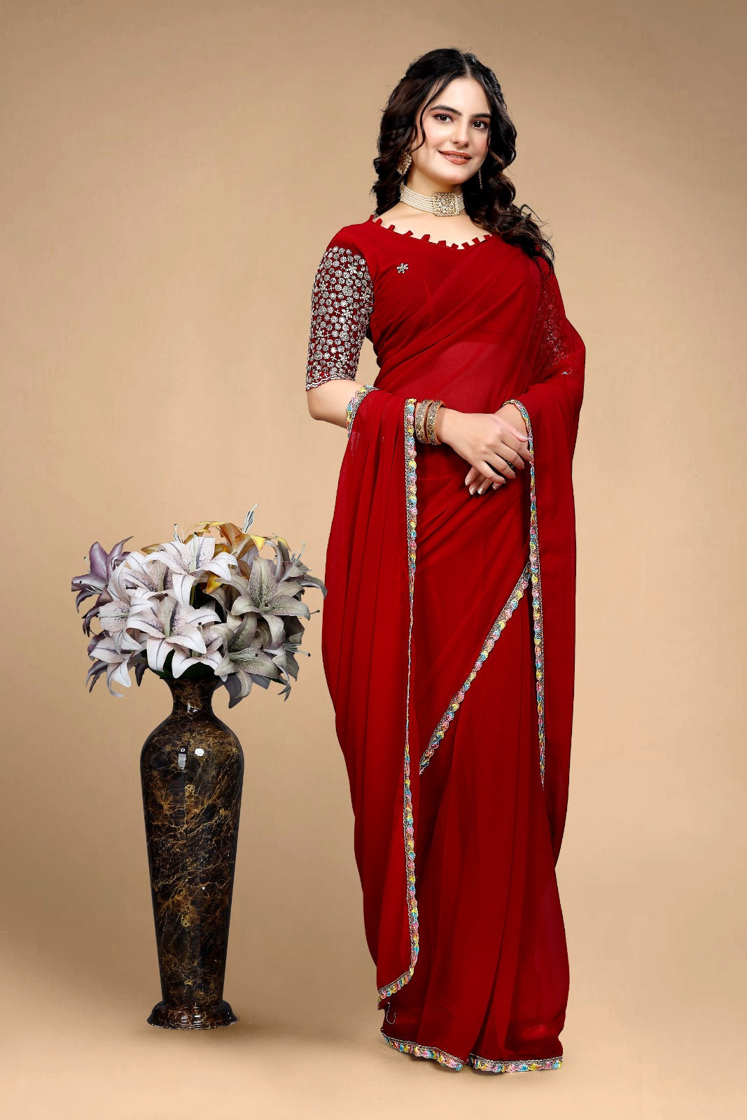 Elegant Maroon/Red Designer Saree with Embroidered Blouse