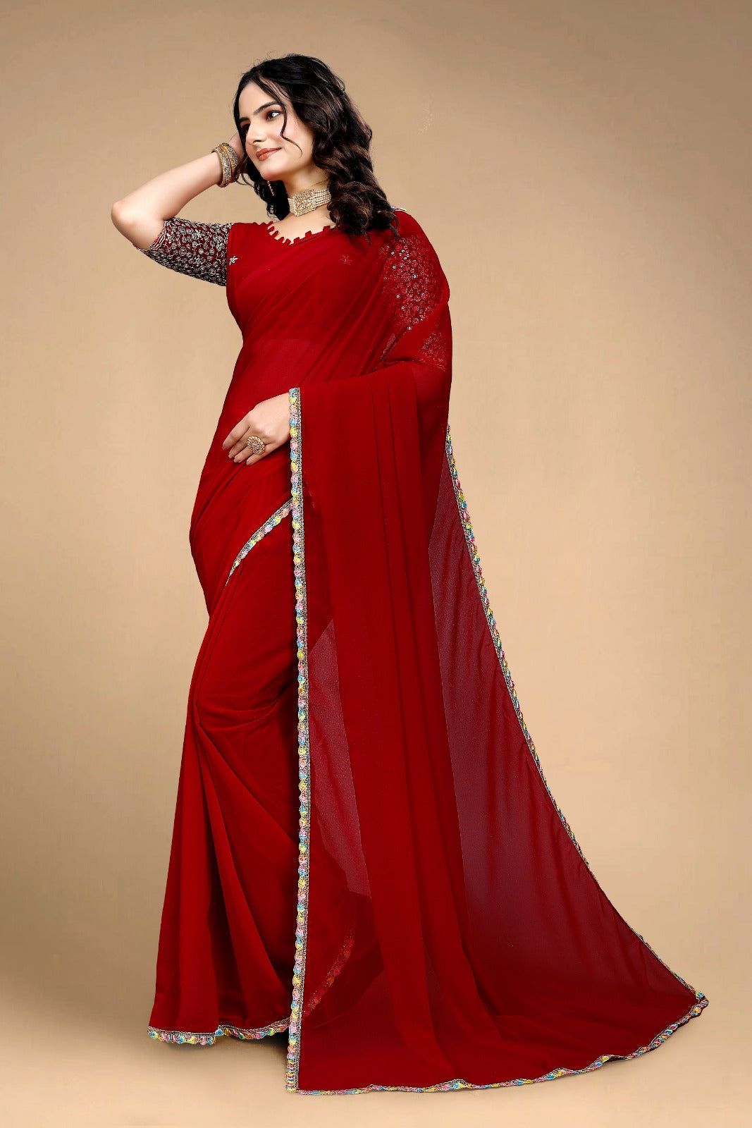 Elegant Maroon/Red Designer Saree with Embroidered Blouse
