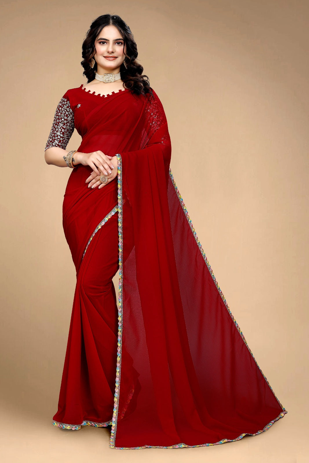 Elegant Maroon/Red Designer Saree with Embroidered Blouse