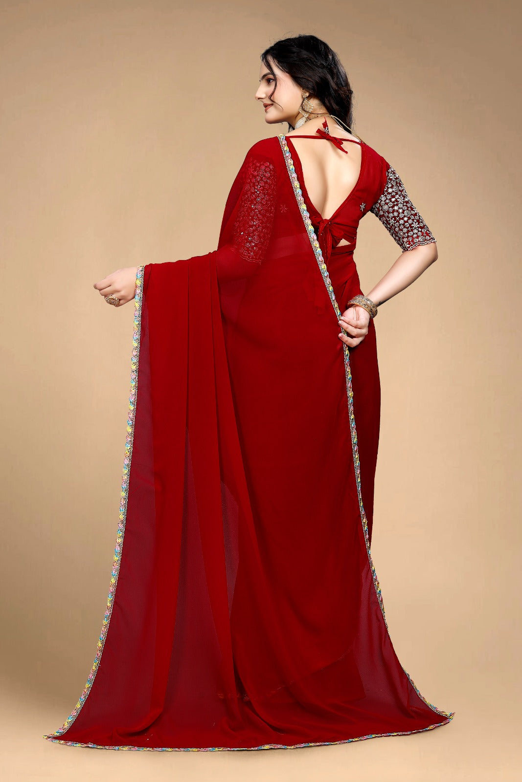 Elegant Maroon/Red Designer Saree with Embroidered Blouse