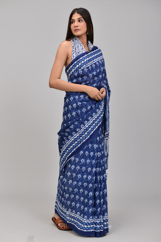 Handcrafted Indigo Printed Cotton Saree
