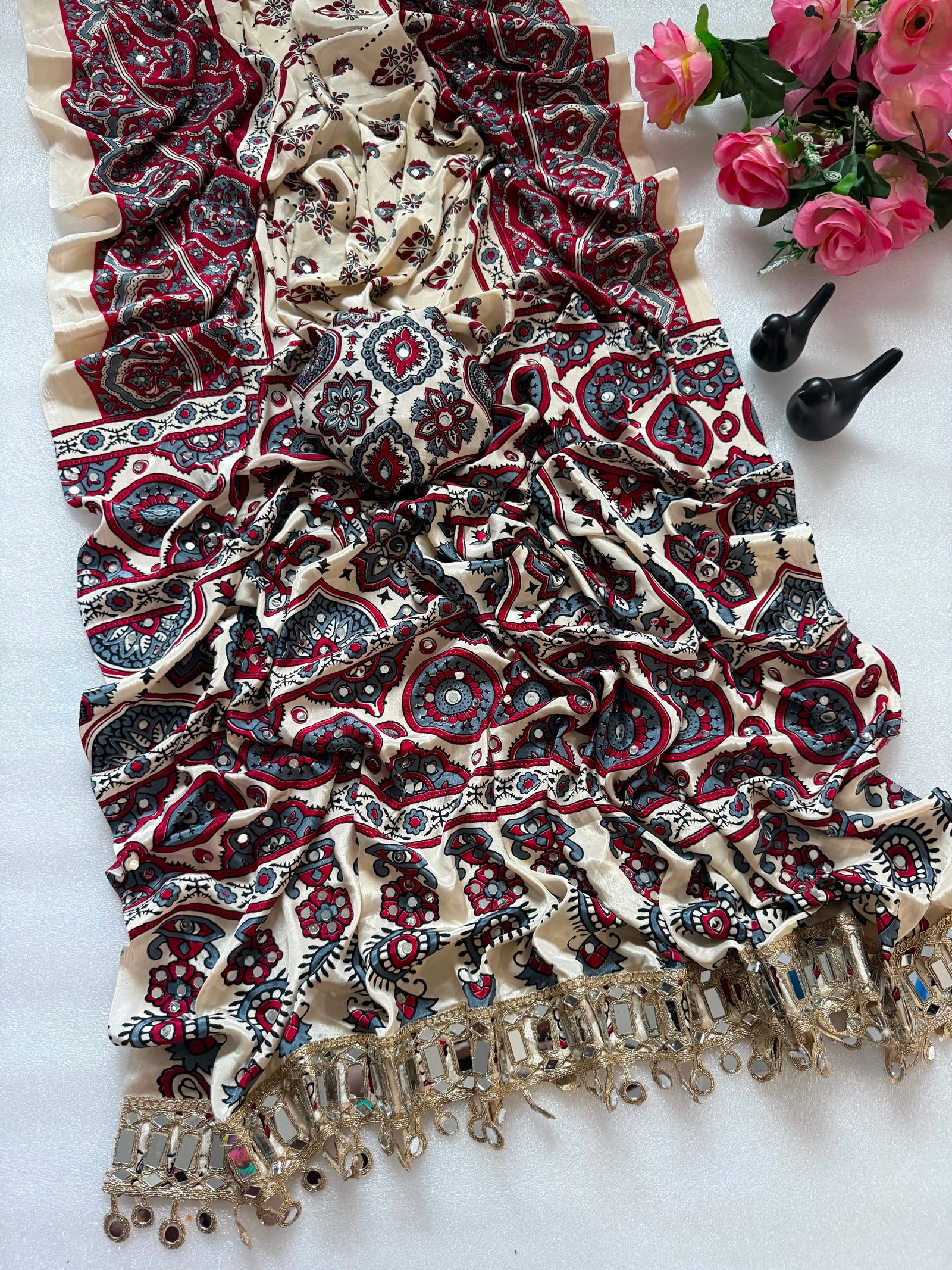 Elegant Ajrakh Printed Saree with Mirror Work, Traditional Border & Designer Pallu