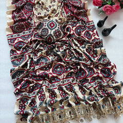 Elegant Ajrakh Printed Saree with Mirror Work, Traditional Border & Designer Pallu