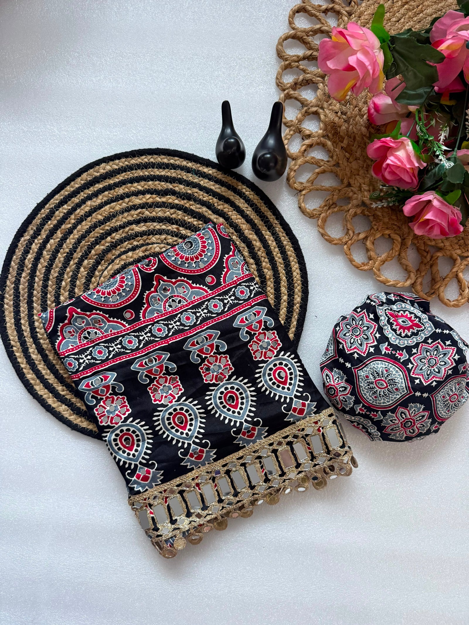Elegant Ajrakh Printed Saree with Mirror Work, Traditional Border & Designer Pallu