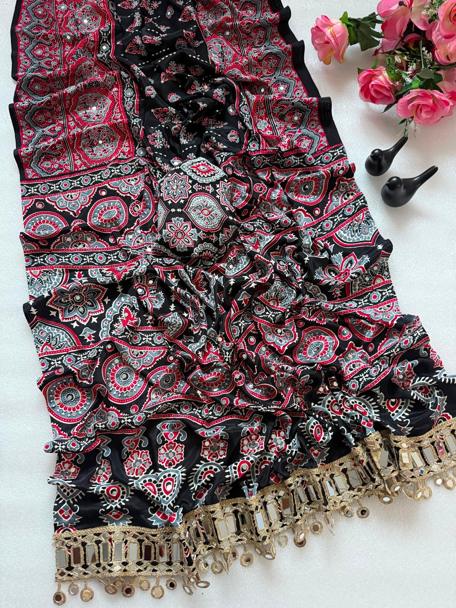Elegant Ajrakh Printed Saree with Mirror Work, Traditional Border & Designer Pallu