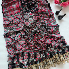 Elegant Ajrakh Printed Saree with Mirror Work, Traditional Border & Designer Pallu