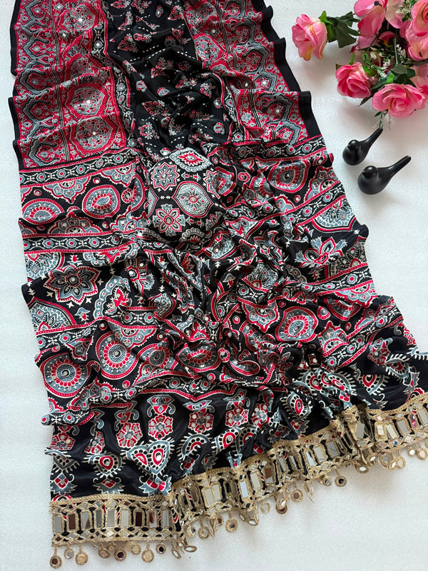 Elegant Ajrakh Printed Saree with Mirror Work, Traditional Border & Designer Pallu
