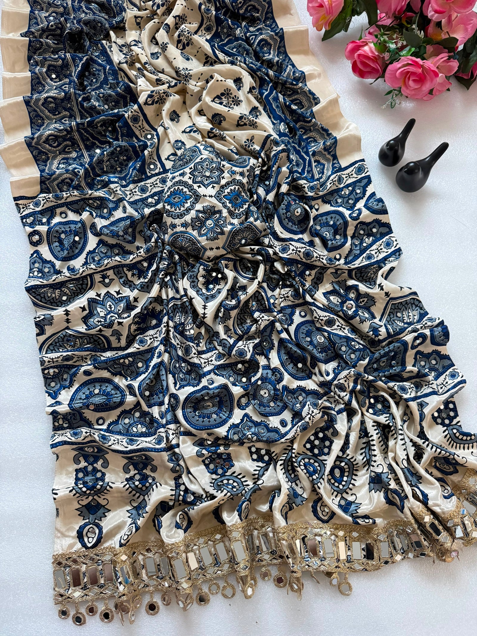 Elegant Ajrakh Printed Saree with Mirror Work, Traditional Border & Designer Pallu