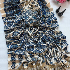 Elegant Ajrakh Printed Saree with Mirror Work, Traditional Border & Designer Pallu