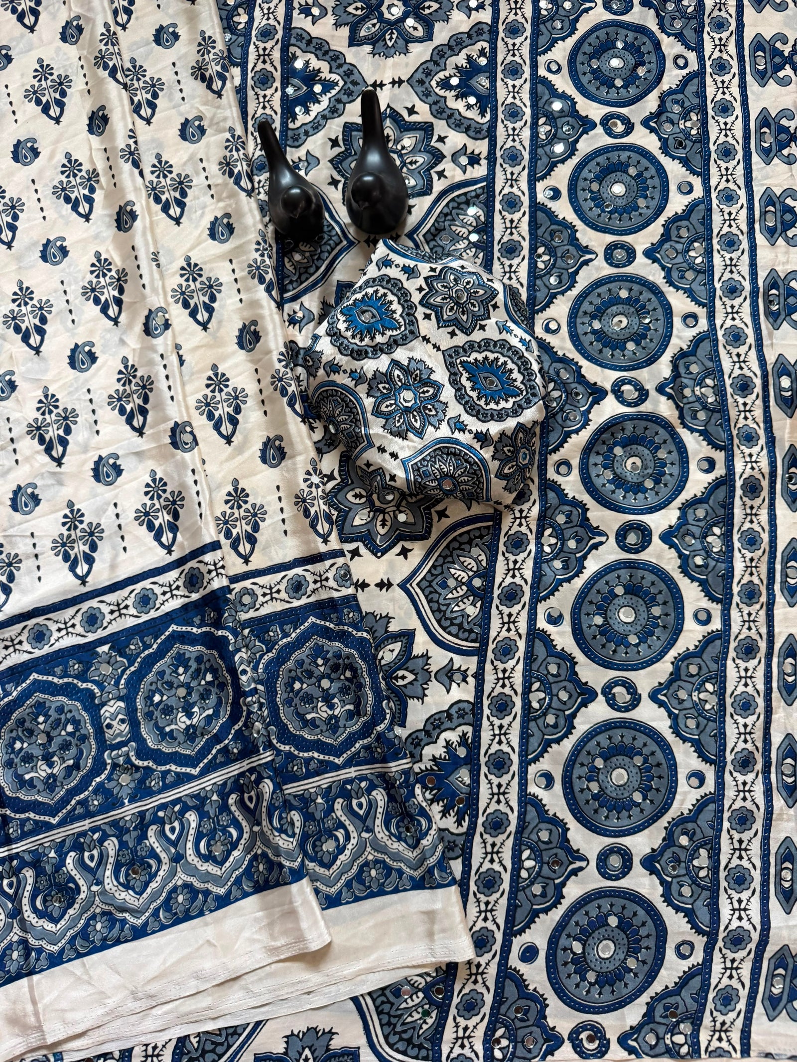 Elegant Ajrakh Printed Saree with Mirror Work, Traditional Border & Designer Pallu