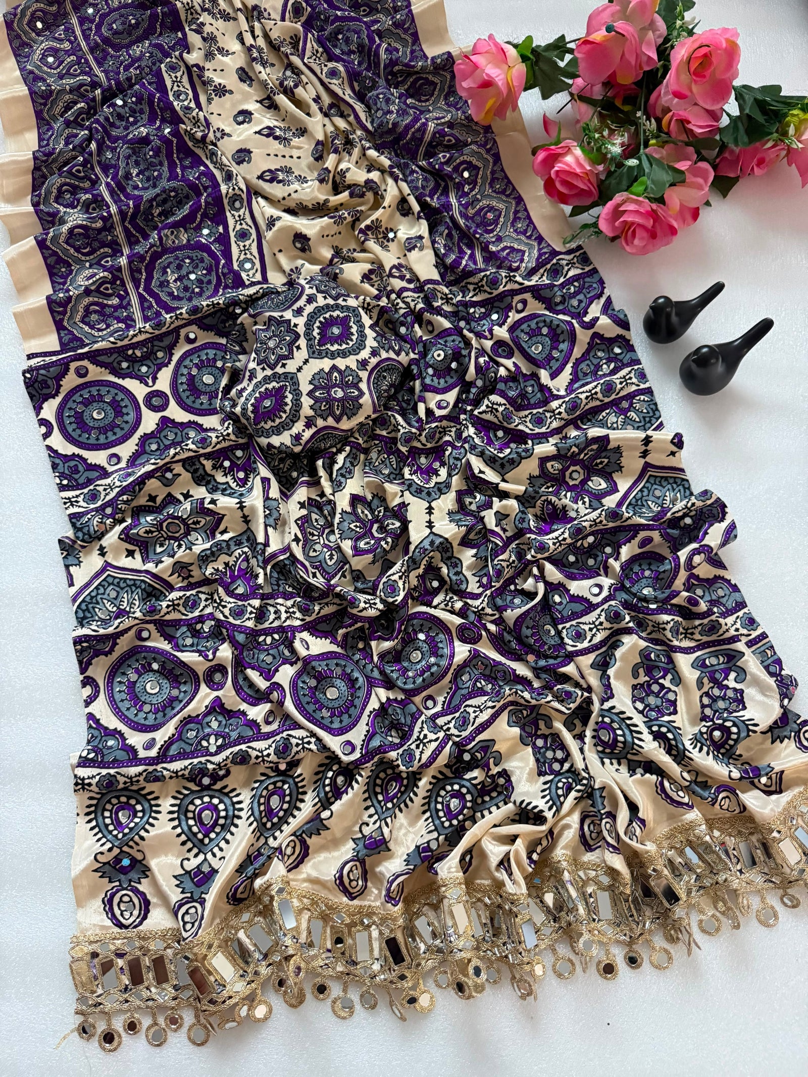 Elegant Ajrakh Printed Saree with Mirror Work, Traditional Border & Designer Pallu