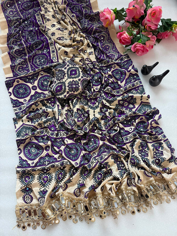 Elegant Ajrakh Printed Saree with Mirror Work, Traditional Border & Designer Pallu