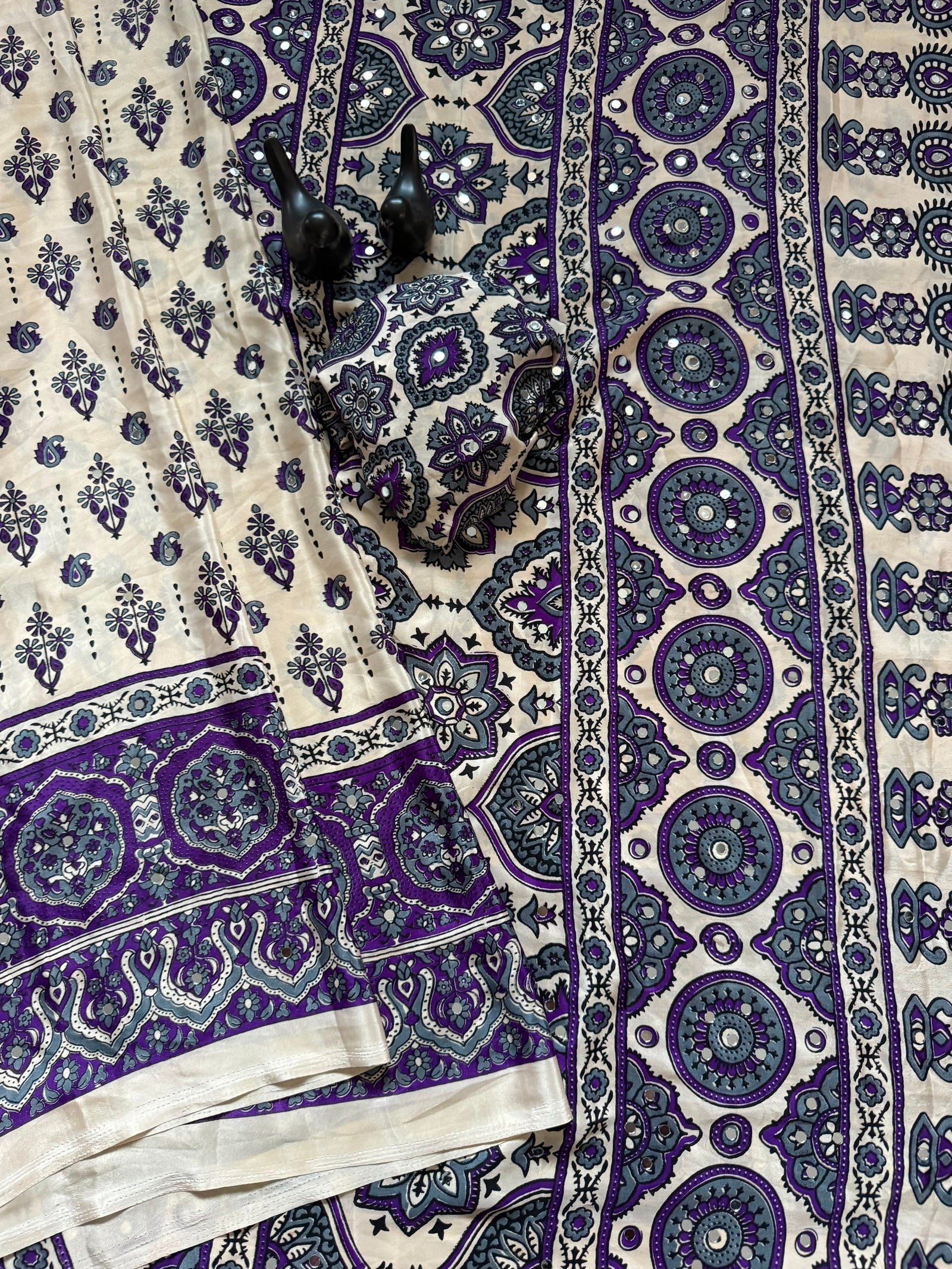 Elegant Ajrakh Printed Saree with Mirror Work, Traditional Border & Designer Pallu