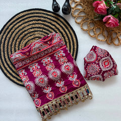 Elegant Ajrakh Printed Saree with Mirror Work, Traditional Border & Designer Pallu