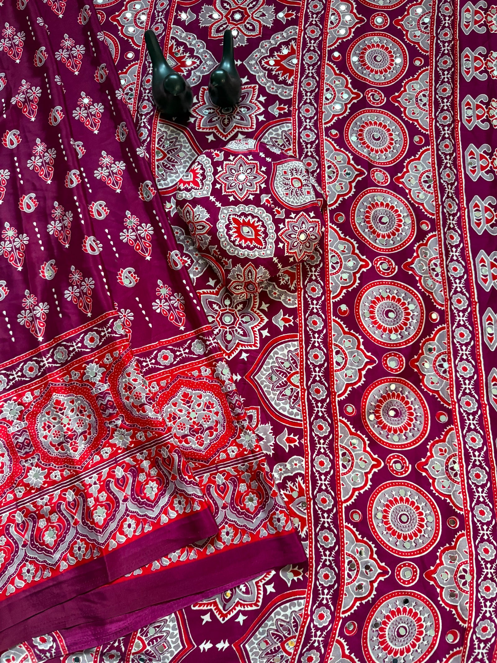 Elegant Ajrakh Printed Saree with Mirror Work, Traditional Border & Designer Pallu
