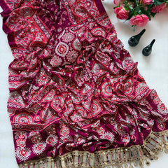 Elegant Ajrakh Printed Saree with Mirror Work, Traditional Border & Designer Pallu