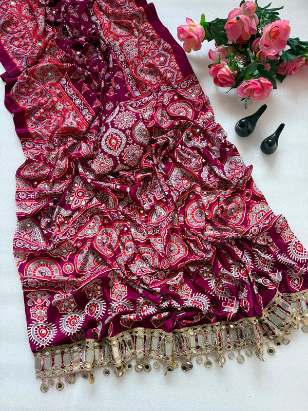 Elegant Ajrakh Printed Saree with Mirror Work, Traditional Border & Designer Pallu