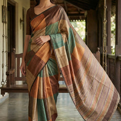 Elegant Multicolor Tussar Silk Saree with Abstract Block Design & Striped Pallu