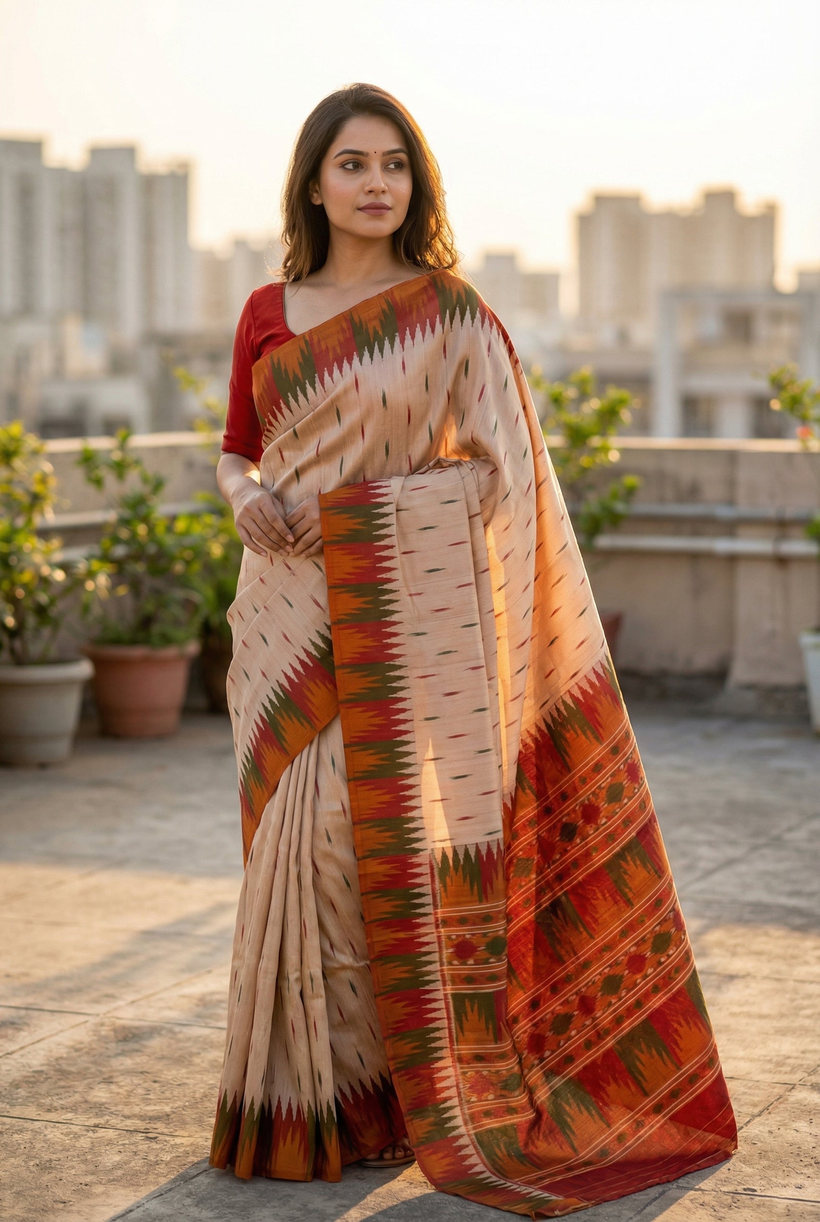Elegant Cream Ikat Style Tushar Silk Saree with Multicolor Border & Rich Pallu
