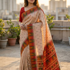 Elegant Cream Ikat Style Tushar Silk Saree with Multicolor Border & Rich Pallu