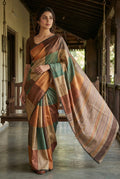 Elegant Multicolor Tussar Silk Saree with Abstract Block Design & Striped Pallu