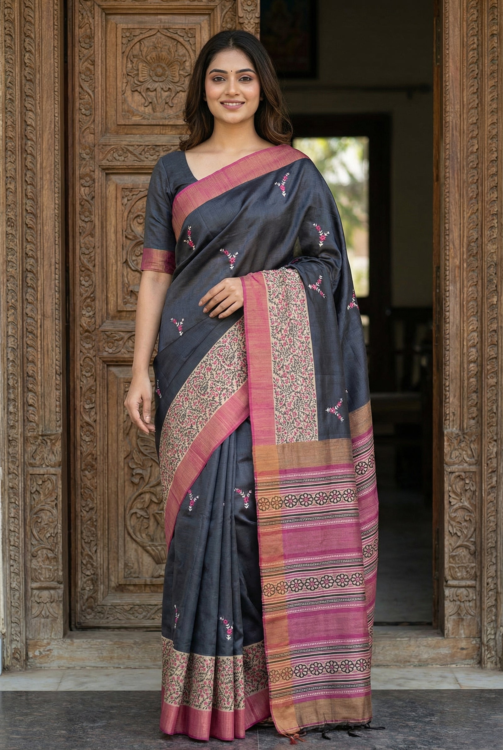 Elegant Black & Maroon Tushar Silk Saree with Floral Border & Striped Contrast Pallu