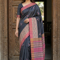 Elegant Black & Maroon Tushar Silk Saree with Floral Border & Striped Contrast Pallu