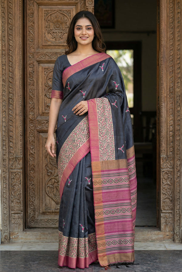 Elegant Black & Maroon Tushar Silk Saree with Floral Border & Striped Contrast Pallu