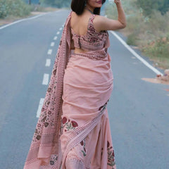 Elegant Pastel Pink Floral Printed Linen Cotton Saree with Designer Border & Pallu