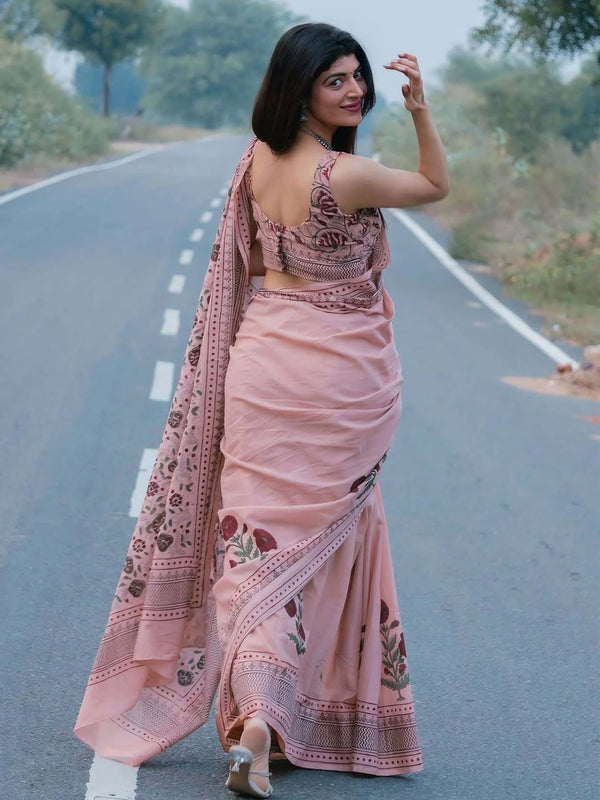 Elegant Pastel Pink Floral Printed Linen Cotton Saree with Designer Border & Pallu