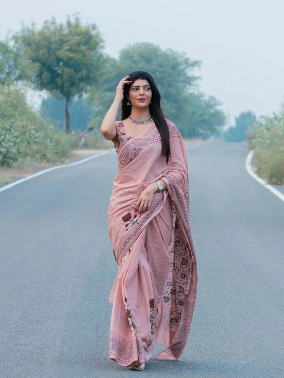 Elegant Pastel Pink Floral Printed Linen Cotton Saree with Designer Border & Pallu