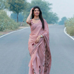 Elegant Pastel Pink Floral Printed Linen Cotton Saree with Designer Border & Pallu