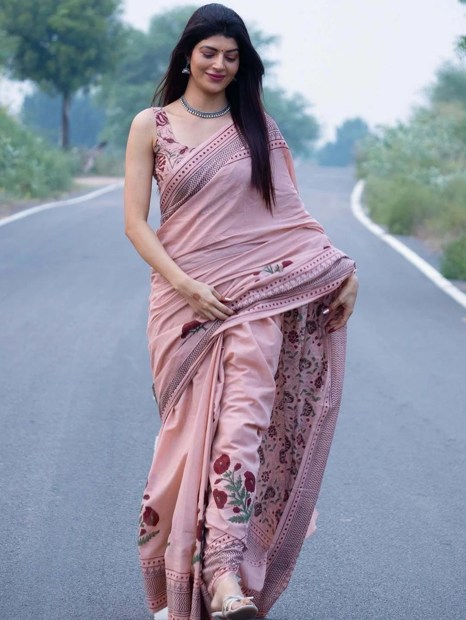 Elegant Pastel Pink Floral Printed Linen Cotton Saree with Designer Border & Pallu