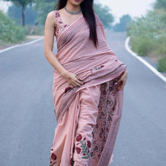 Elegant Pastel Pink Floral Printed Linen Cotton Saree with Designer Border & Pallu