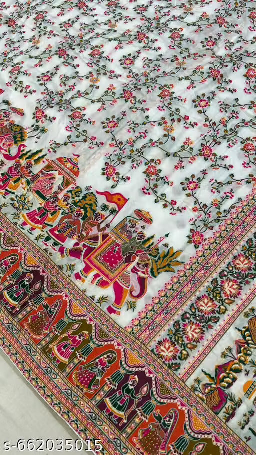 Elegant Cream Floral Printed Cotton Saree with Traditional Art Border & Rich Pallu