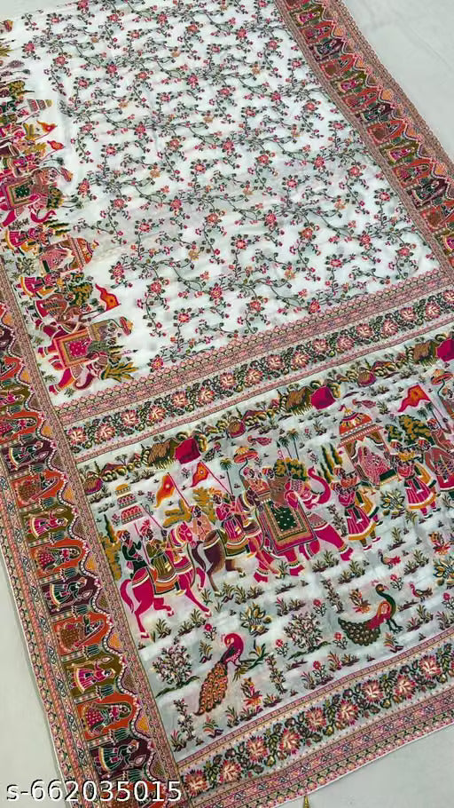 Elegant Cream Floral Printed Cotton Saree with Traditional Art Border & Rich Pallu