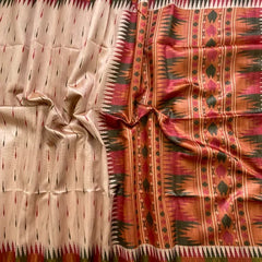 Elegant Cream Ikat Style Tushar Silk Saree with Multicolor Border & Rich Pallu
